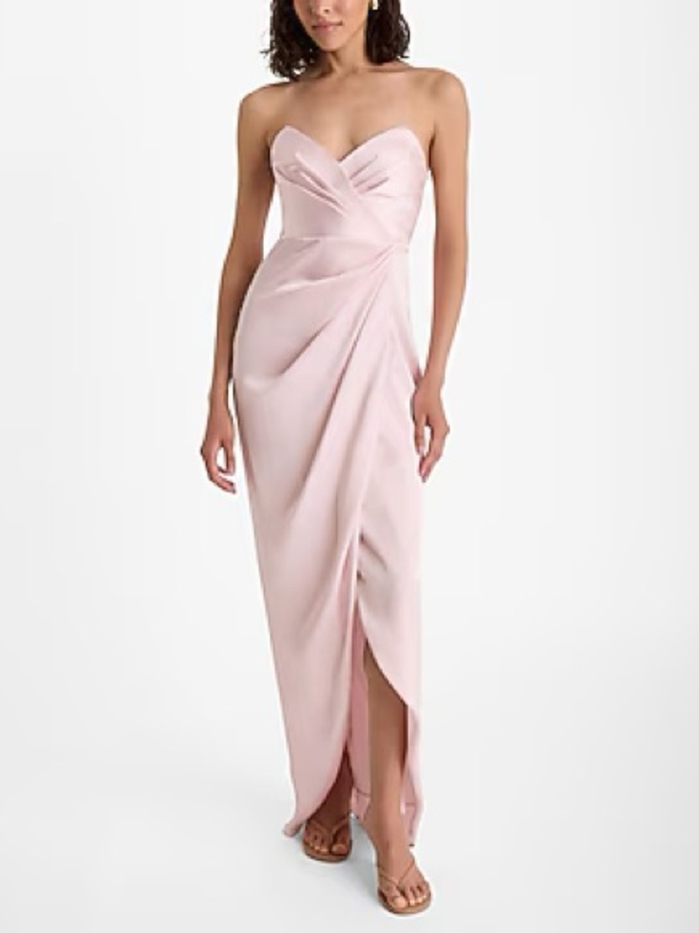 Satin Strapless Removable Puff Sleeves Side Slit Midi Sheath Dress